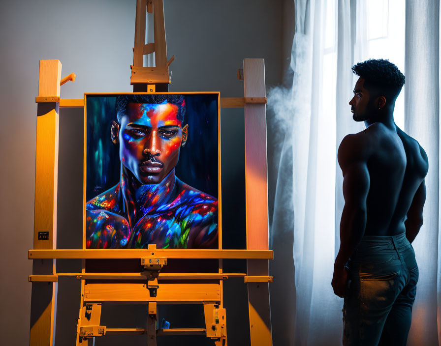 Man admiring colorful portrait on easel in moody setting