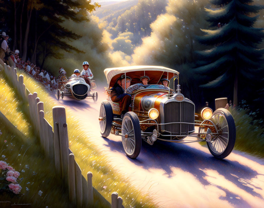 Vintage Cars Racing on Sunlit Country Road with Spectators and Verdant Trees