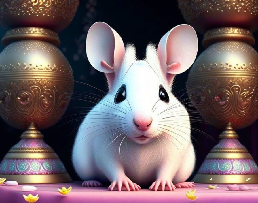 Animated mouse between ornate golden pots on purplish surface with flowers