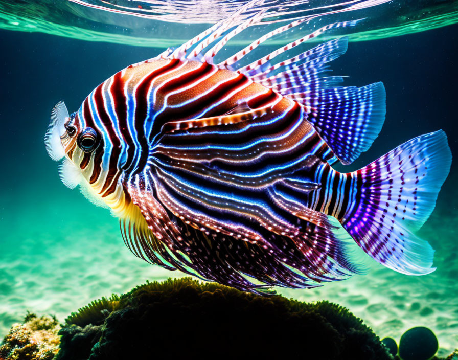 Striped lionfish swimming over coral reef in dappled sunlight