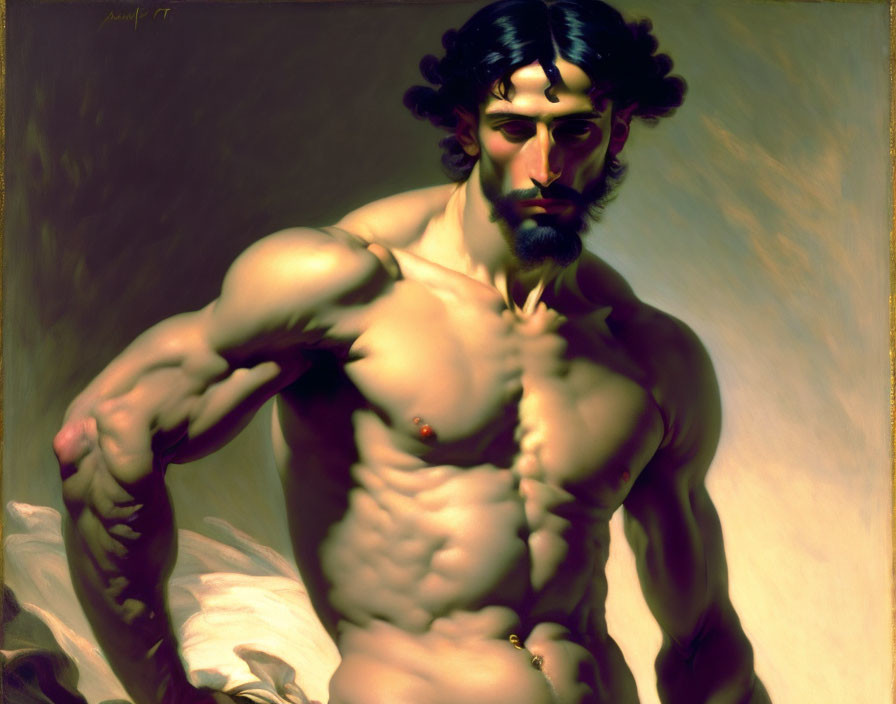 Realistic painting of muscular man with strongman physique, dark hair, and beard.