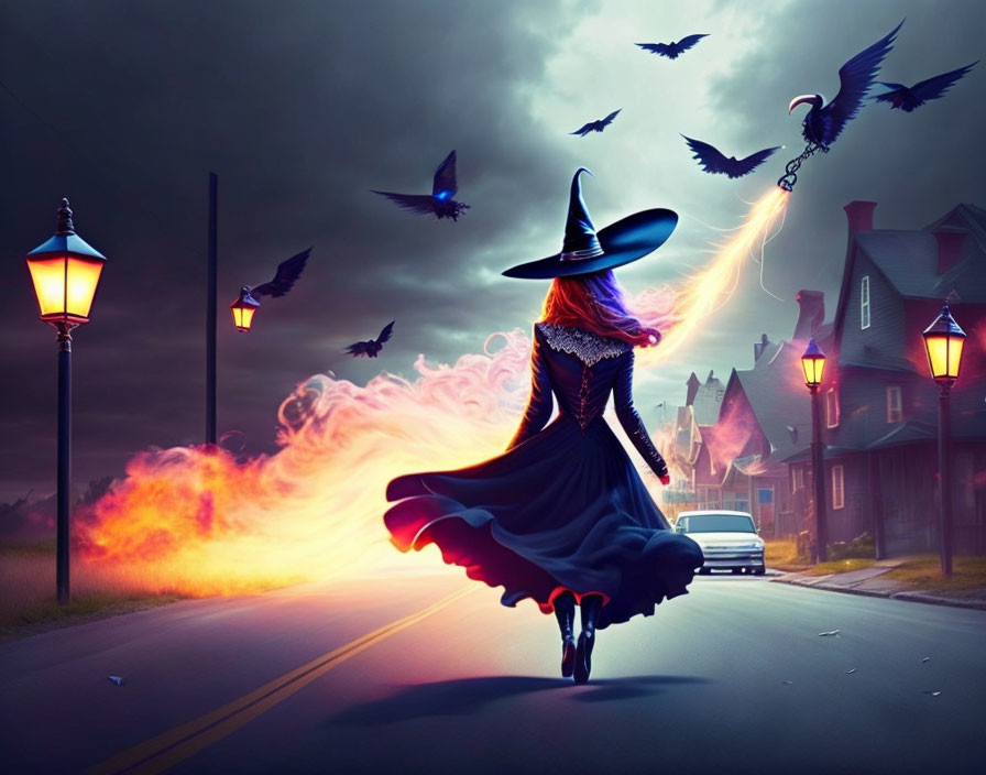 Witch in black and purple outfit casting fiery magic at twilight