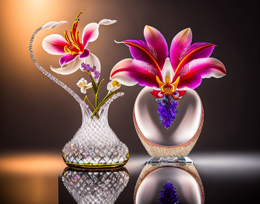 Crystal Vase and Bowl with Orchid Arrangements on Reflective Surface