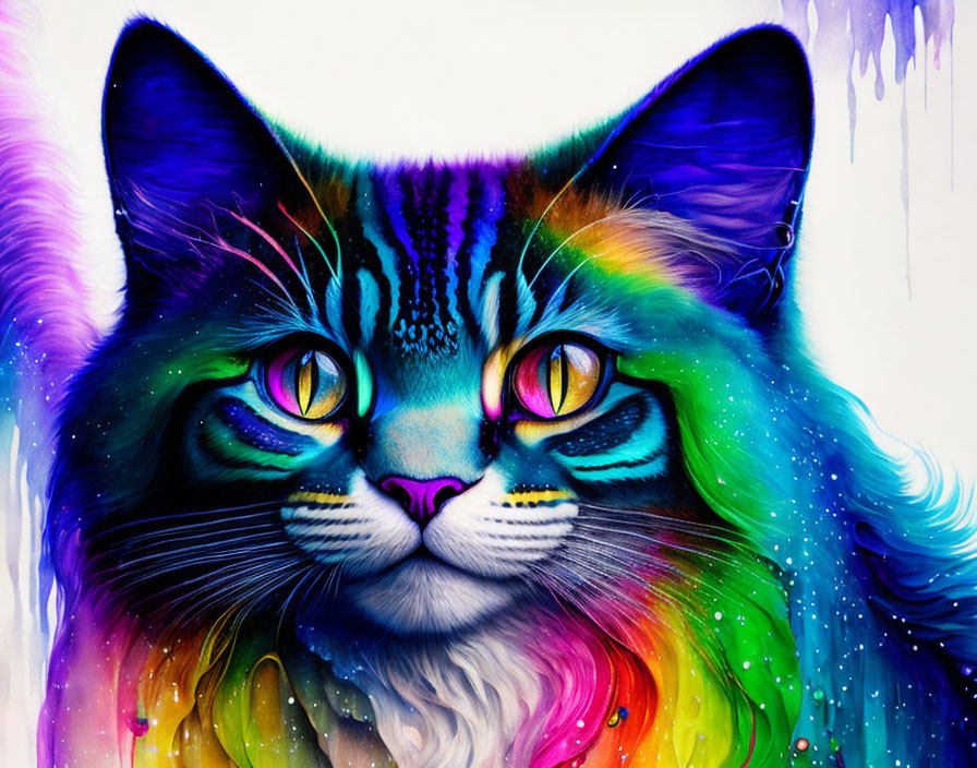 Vibrant rainbow cat with striking blue eyes