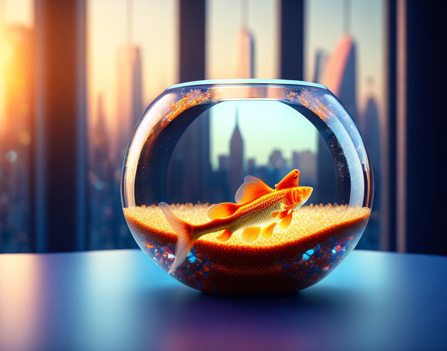 Goldfish swimming in bowl against city skyline at sunset