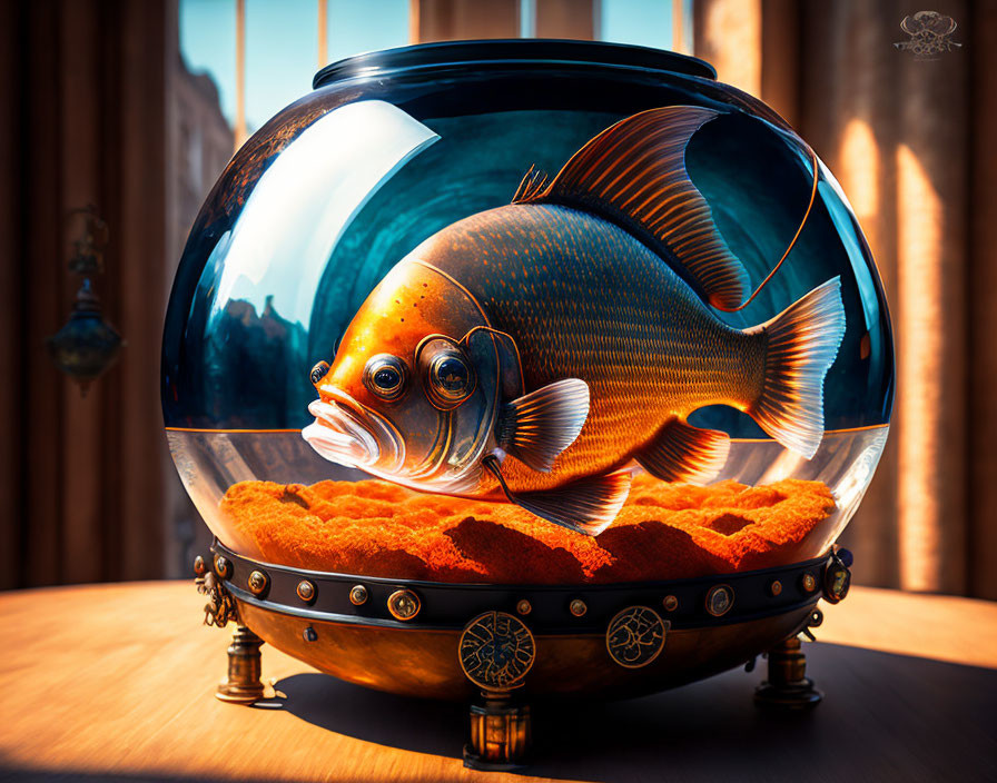 Striped orange fish in spherical aquarium by sunlit window