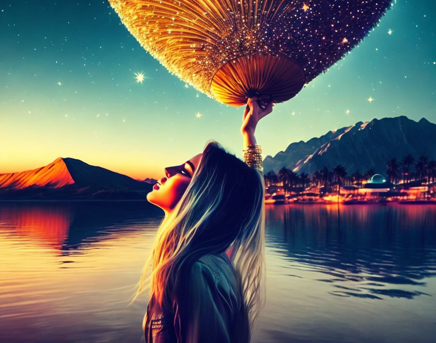 Woman holding sparkling umbrella light formation under starry sky, mountains, lake