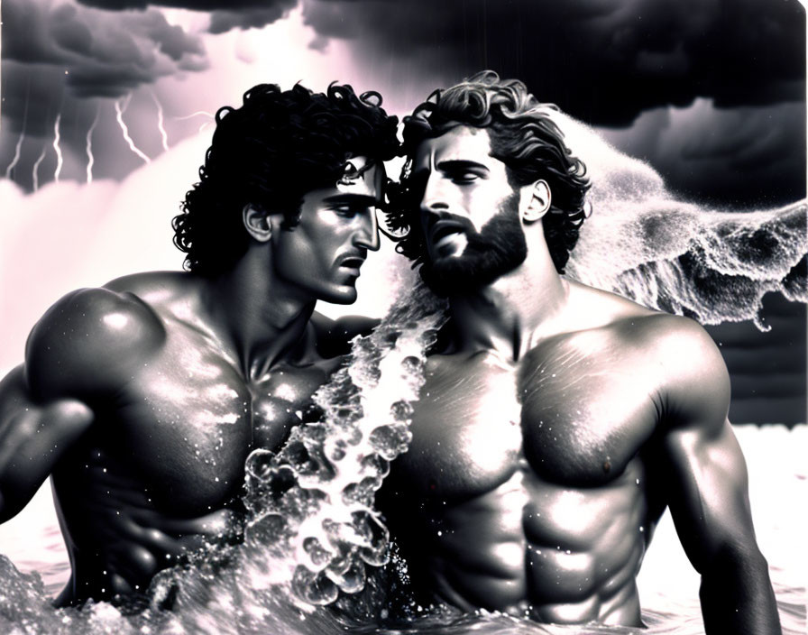 Muscular Men Confronting in Stormy Sea Scene