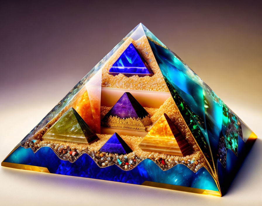 Colorful Multilayered Pyramid with Gold, Blue, and Sparkling Patterns