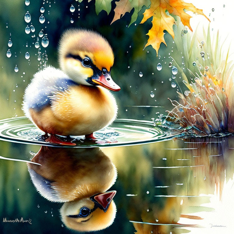 Illustrated duckling on water with reflection, greenery backdrop, and falling droplets