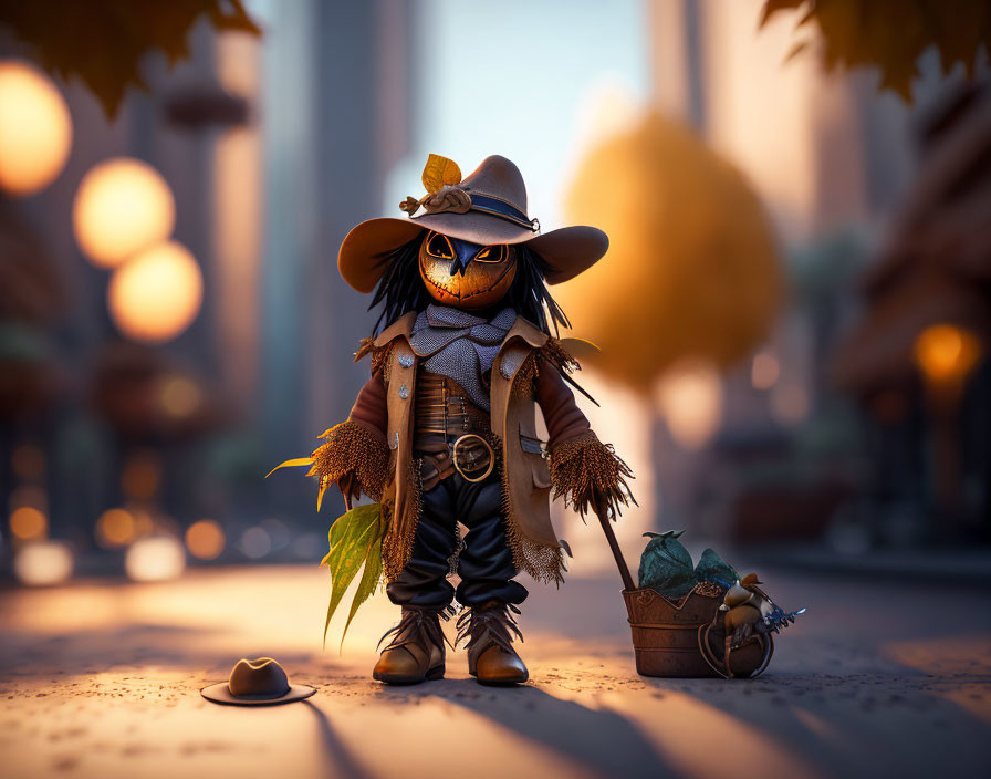 Stylized animated scarecrow character in wide-brimmed hat and trench coat on city street with