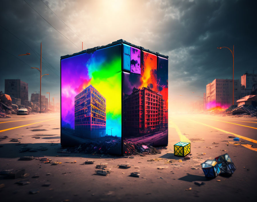 Surreal image of giant Rubik's cube in cityscape and burning building