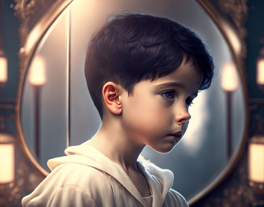 Profile of a pensive young boy with dark hair in front of ornate mirror