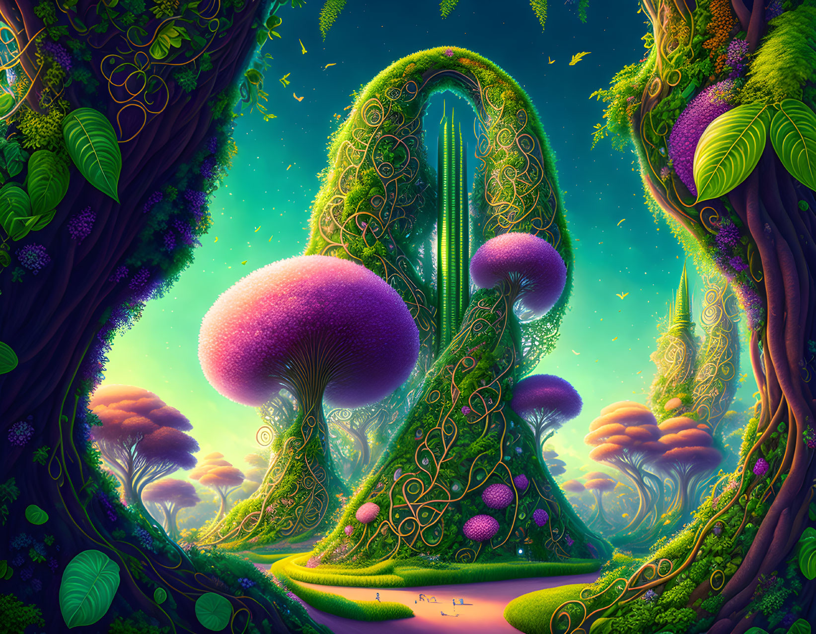 Fantasy landscape with giant harp-shaped tree and purple mushroom plants