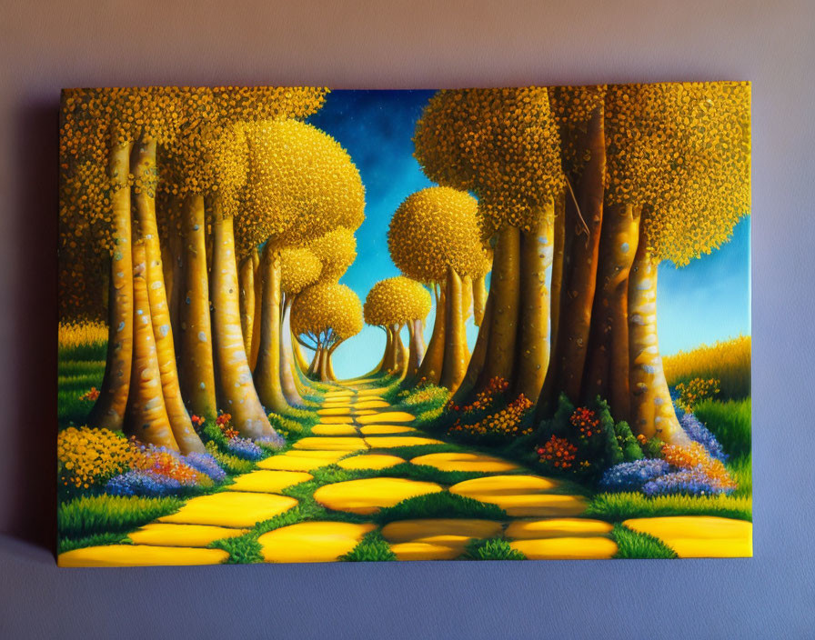 Colorful painting of whimsical pathway with rounded trees and yellow blooms