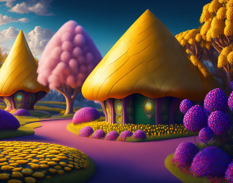 Vibrant Fantasy Landscape with Whimsical Cottages and Purple Pathway