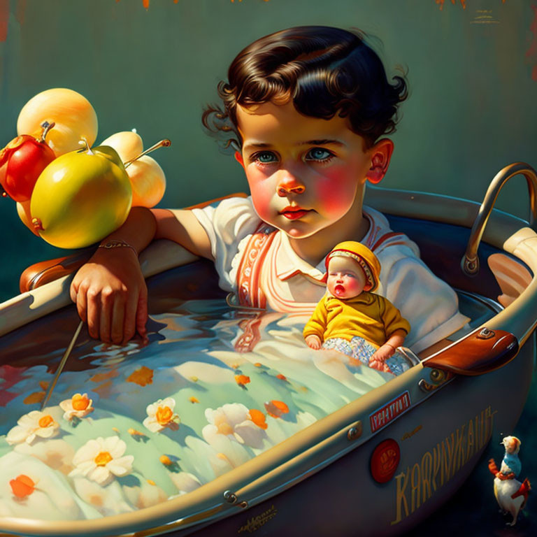 Vintage painting of child in tub with toy boat, floating apples, and doll - whimsical vibe