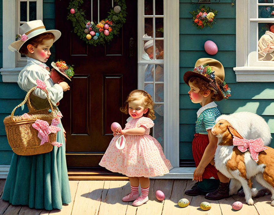 Illustration of children, rabbit, Easter eggs on porch with flowers