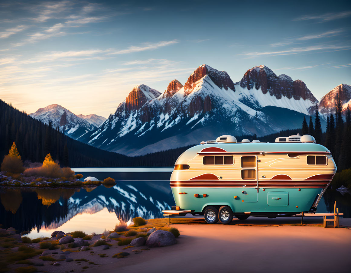 Vintage Camper Trailer by Serene Lake with Snowy Mountain Reflection