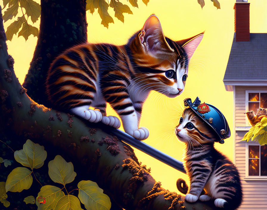 Digital artwork of two kittens playing on a tree branch with firefighter helmet, set against a golden background