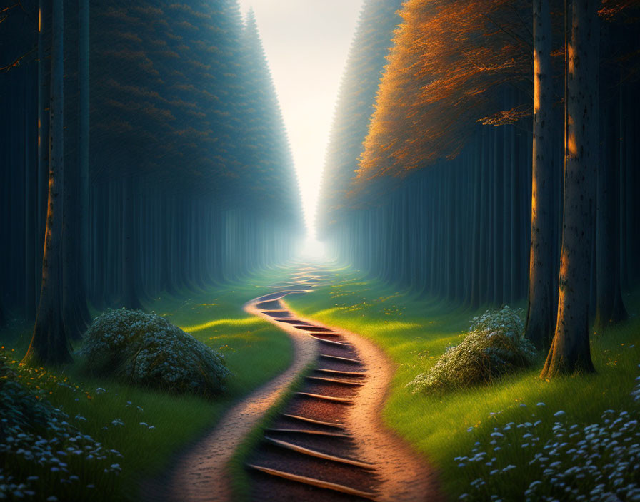 Mystical forest with winding dirt path and sunbeams