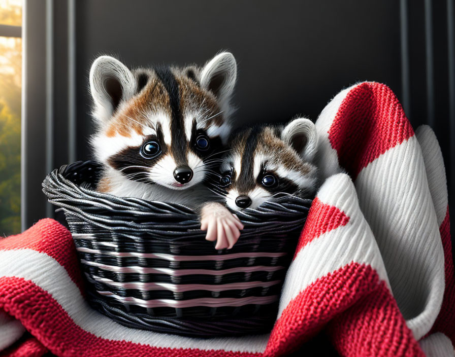 Adorable raccoon kits in woven basket with red and white blanket