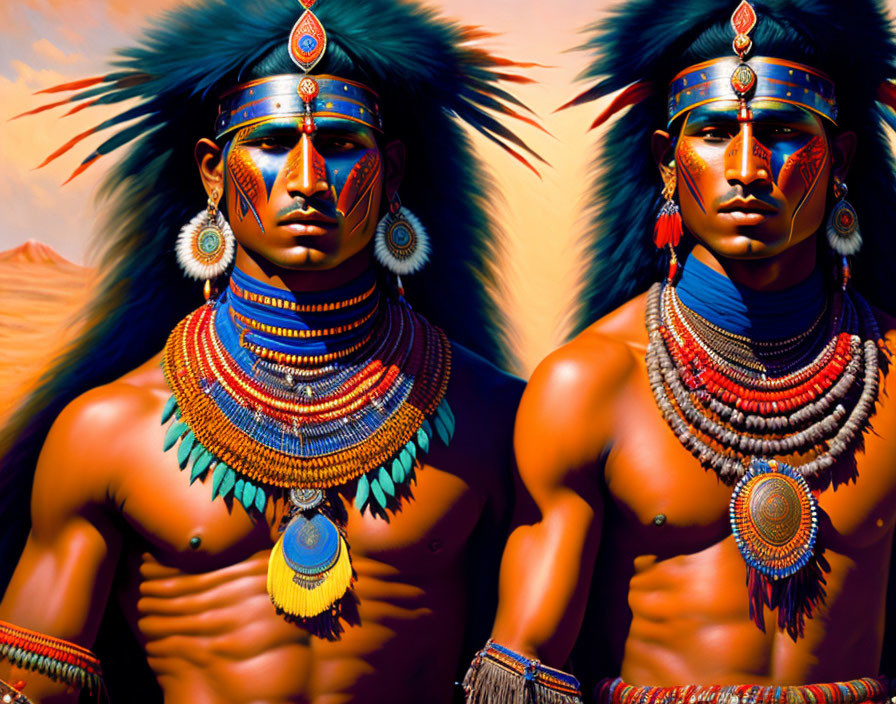 Native American men in traditional attire with headdresses in desert setting