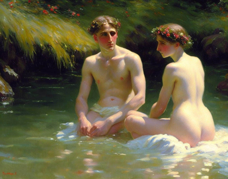 Young couple in floral wreaths seated in serene water surrounded by greenery