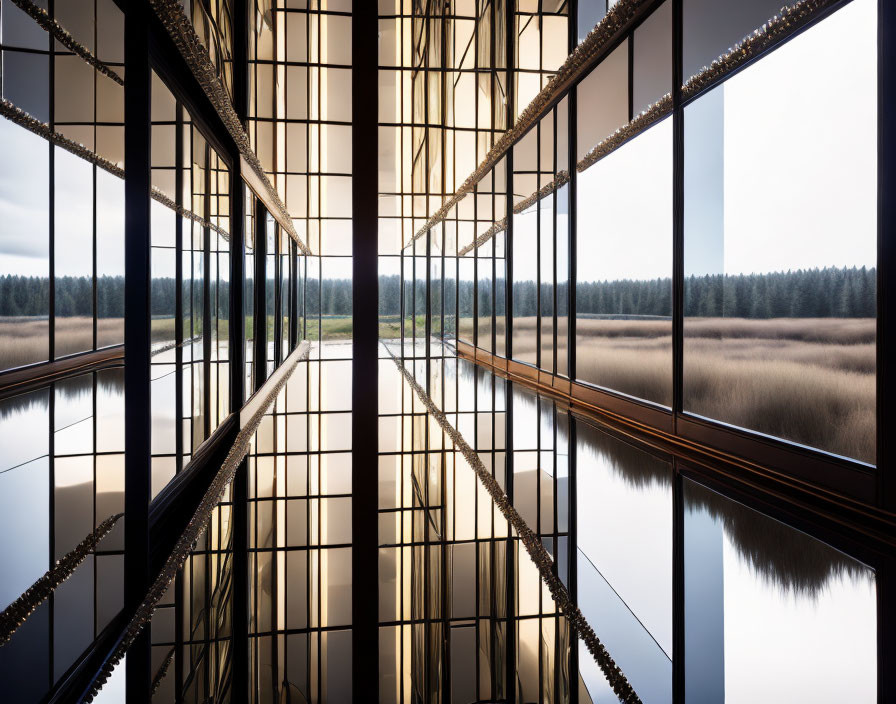 Contemporary interior with reflective glass windows showing serene landscape