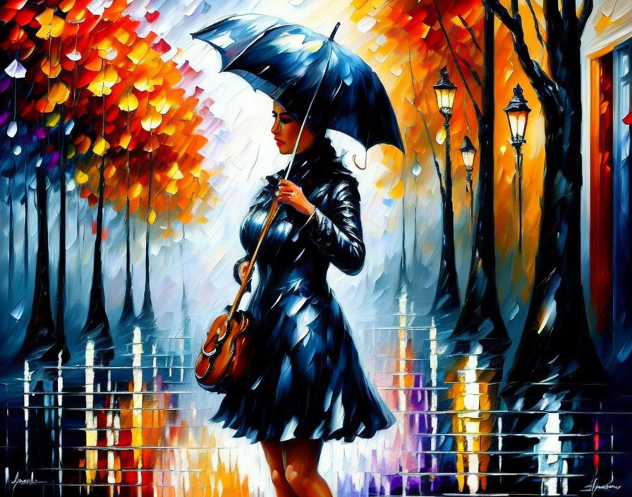 Colorful Autumn Street Painting: Woman with Umbrella in Rainy Scene