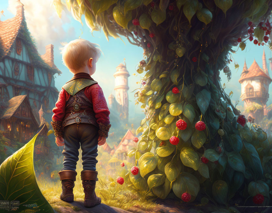 Detailed Red Vest on Child in Magical Garden with Whimsical Towers