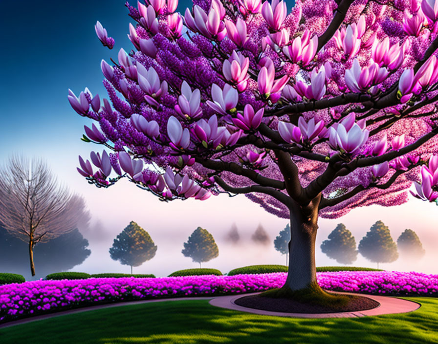 Pink magnolia tree in misty landscape with purple sky