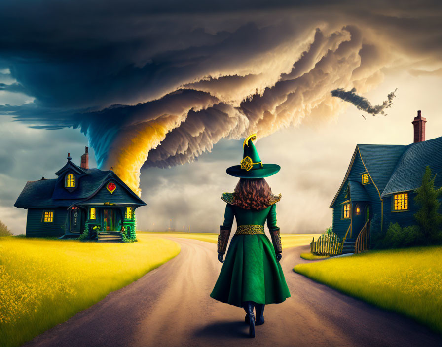 Person in Green Cloak Walking Towards Ominous Cloud Over Quaint House