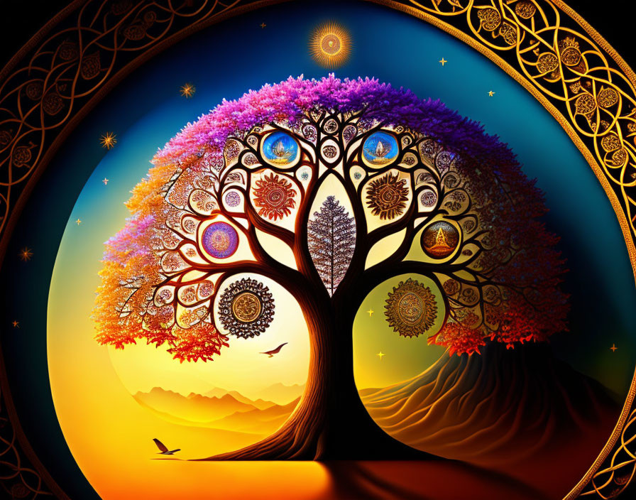 Colorful tree with eyes and birds in sunset illustration