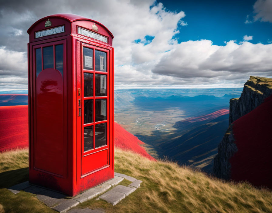 Red telephone booth on grassy hill overlooking valley and cliff edge