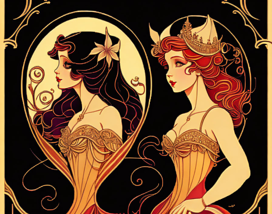 Art Nouveau Style Illustration: Two Women with Elaborate Hairstyles and Crowns