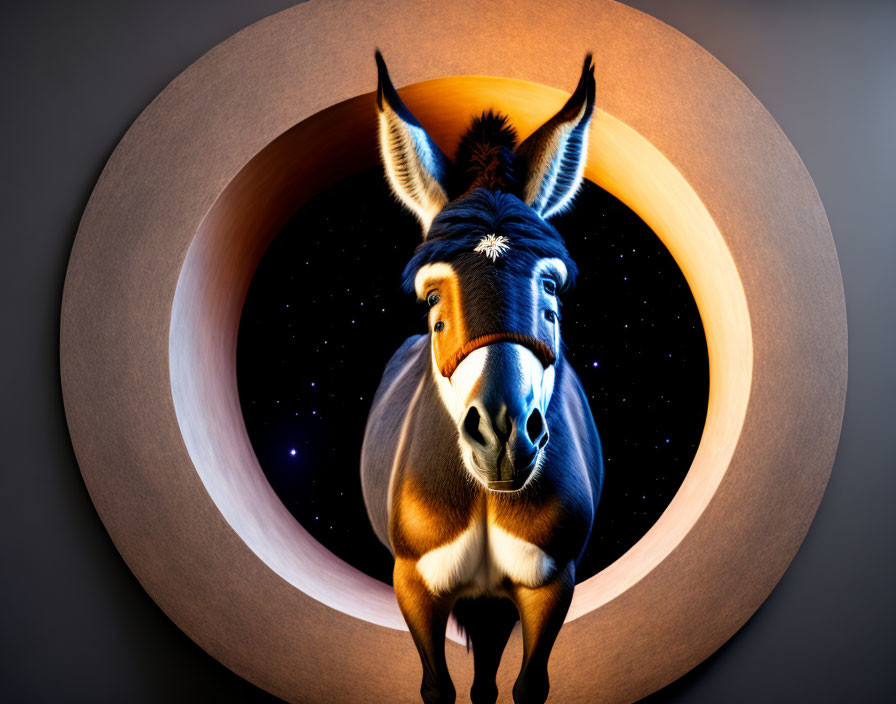 Donkey in front of circular background with brown to starry night sky transition