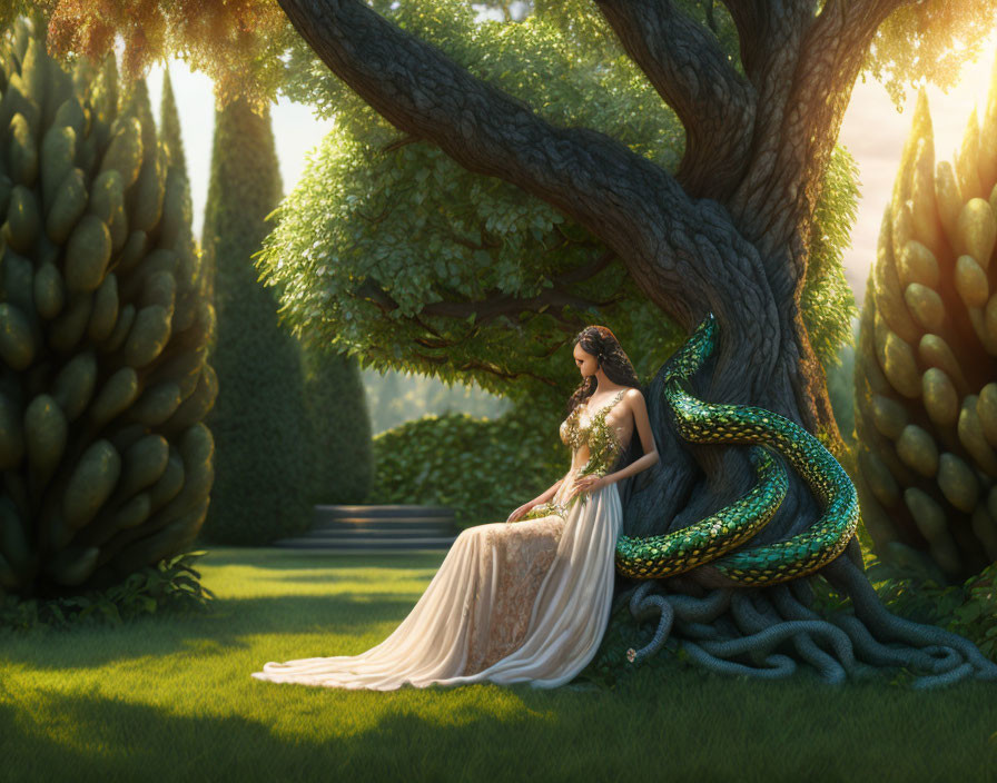 Woman in elegant gown under old tree in lush garden