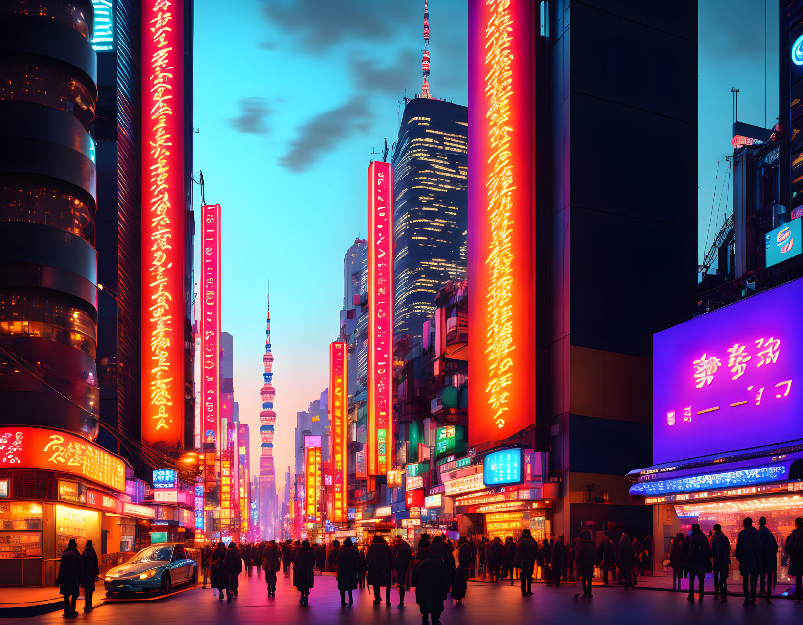 Vibrant city street at night with neon signs and skyscrapers