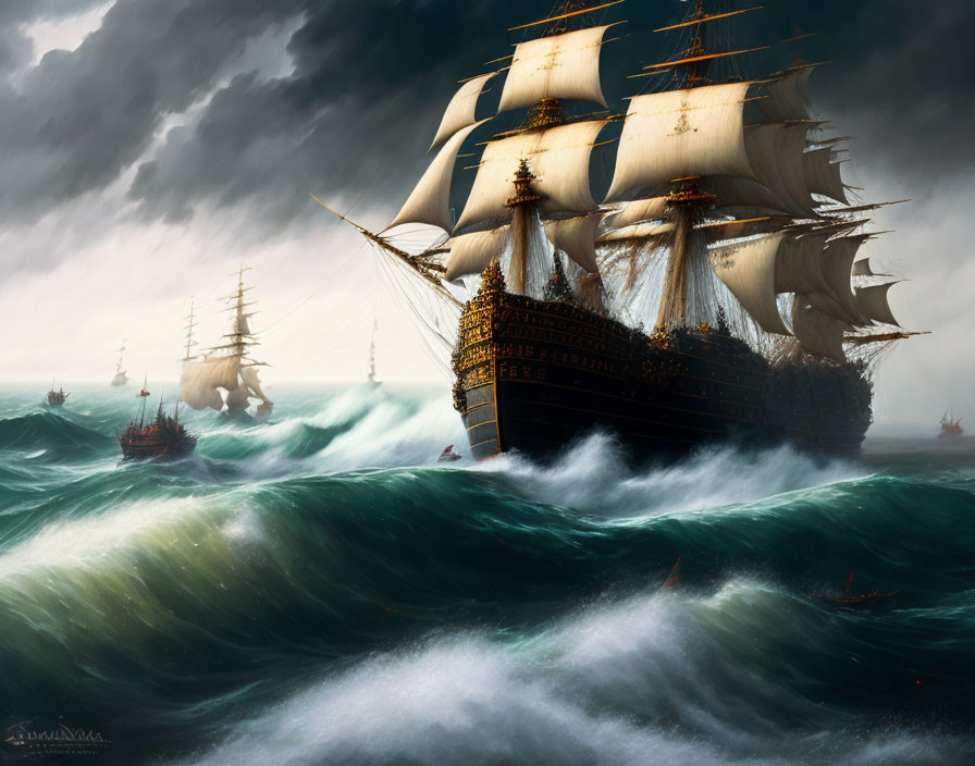 Stormy sea scene with large sailing ship and smaller vessels under dark sky