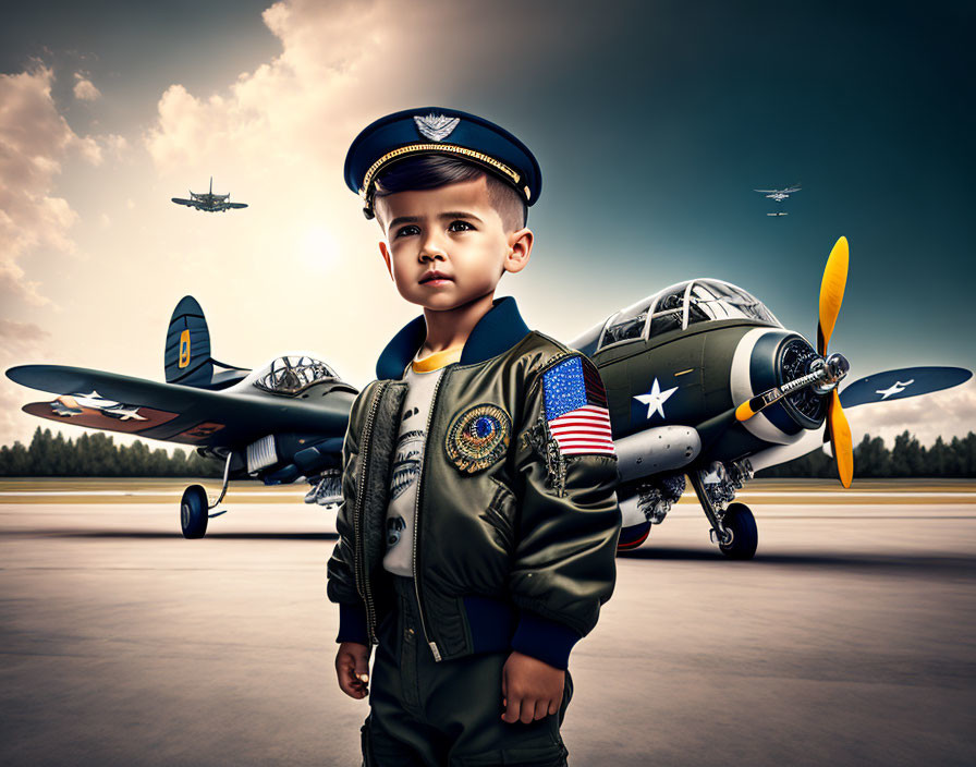 Child in pilot costume poses on runway with vintage military aircraft and dramatic sky.