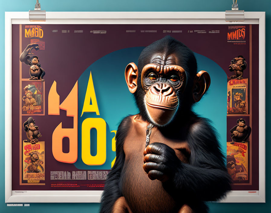 Photorealistic chimpanzee with boxing gloves in front of fight promotion posters