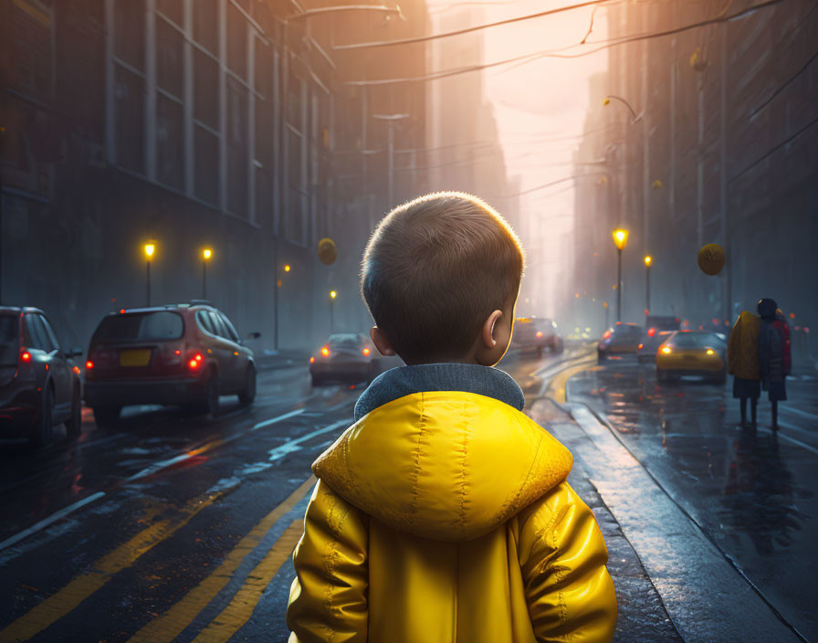 Child in Yellow Coat Stands on City Street at Dusk