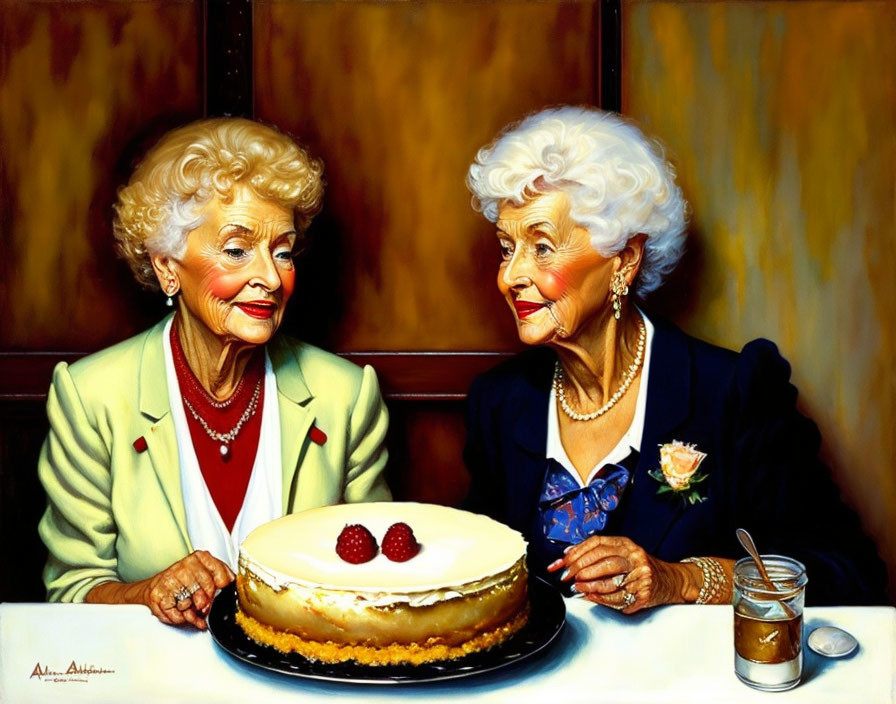 Two elderly women smiling at a table with cheesecake, strawberries, and honey.