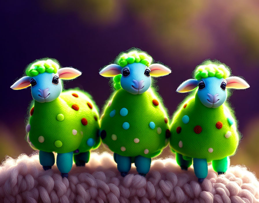 Colorful Cartoonish Sheep on Fluffy Surface with Purple Background