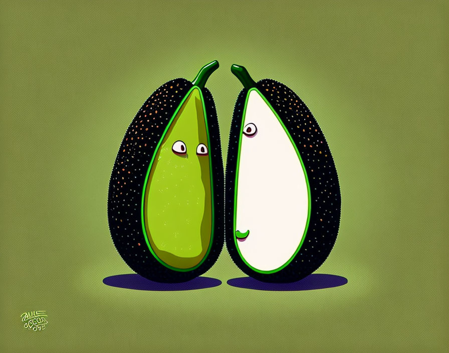 Anthropomorphized Avocado Halves with Facial Features on Green Background