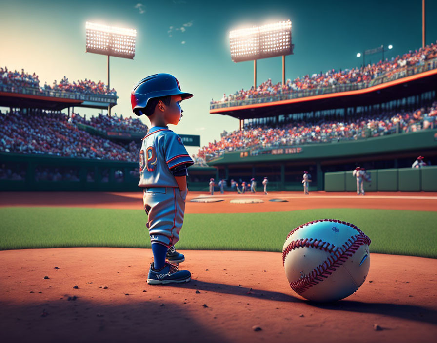 Young child in baseball uniform on field with stadium and spectators.