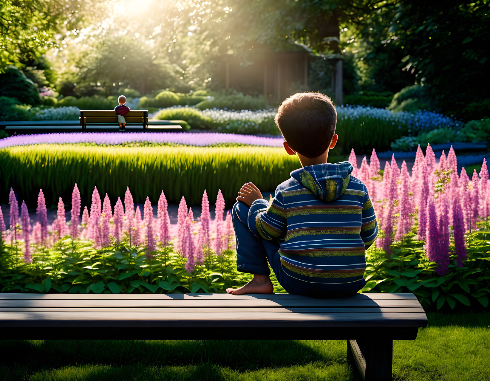 Child on bench gazes at another amidst purple flowers in sunny garden