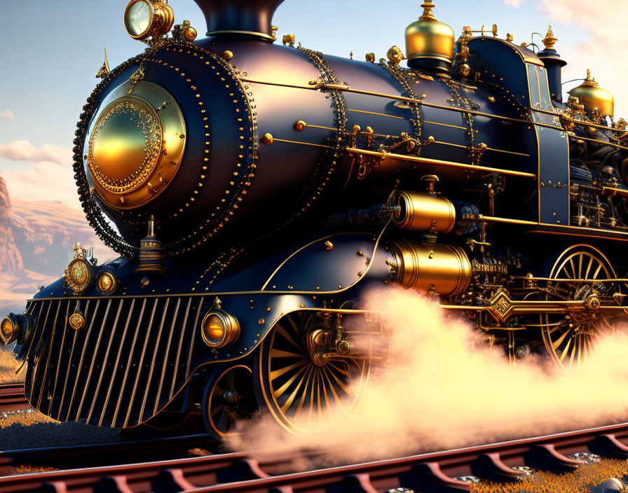 Elaborately adorned steam locomotive in desert sunset