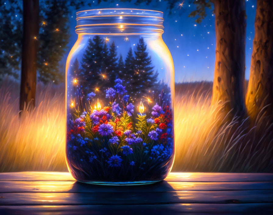 Glowing jar with vibrant flowers on wooden surface in twilight forest.